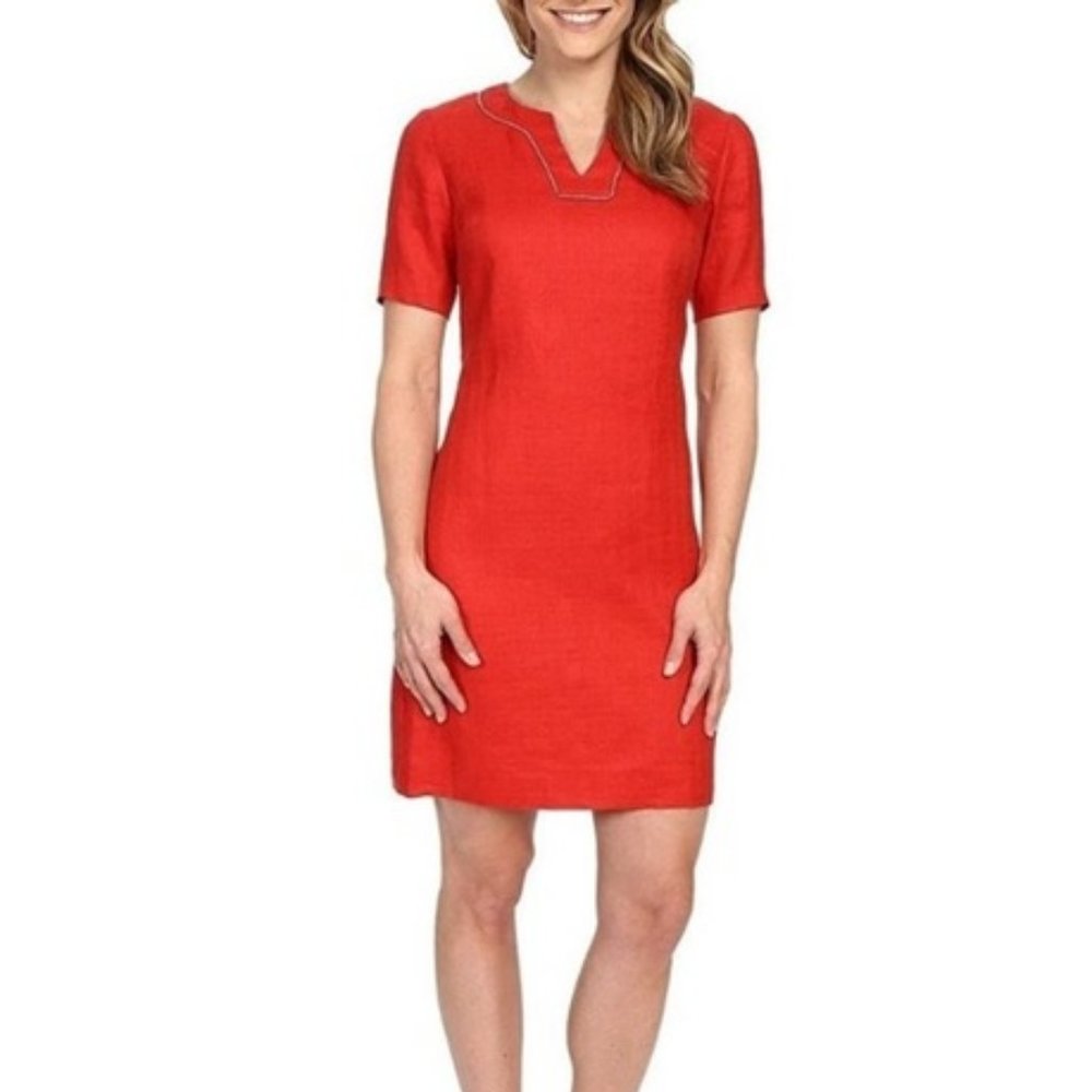 Pendleton Lara Red 100% Linen Knit Short Sleeve Sheath Dress Size 10 Petite